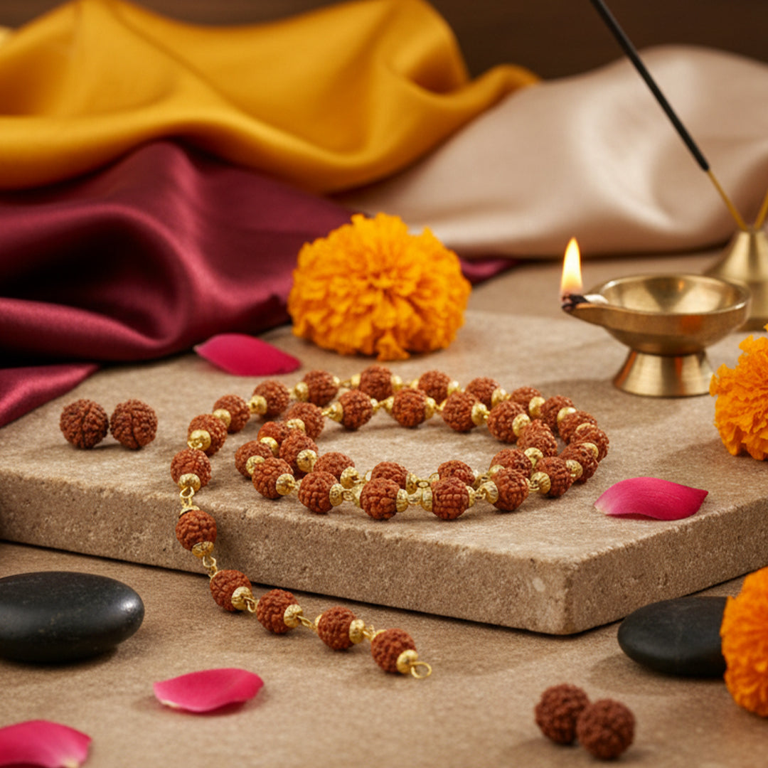 7MM Rudraksha Mala Gold Plated (54 beads)