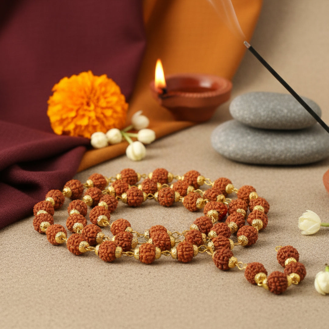 7MM Rudraksha Mala Gold Plated (54 beads)