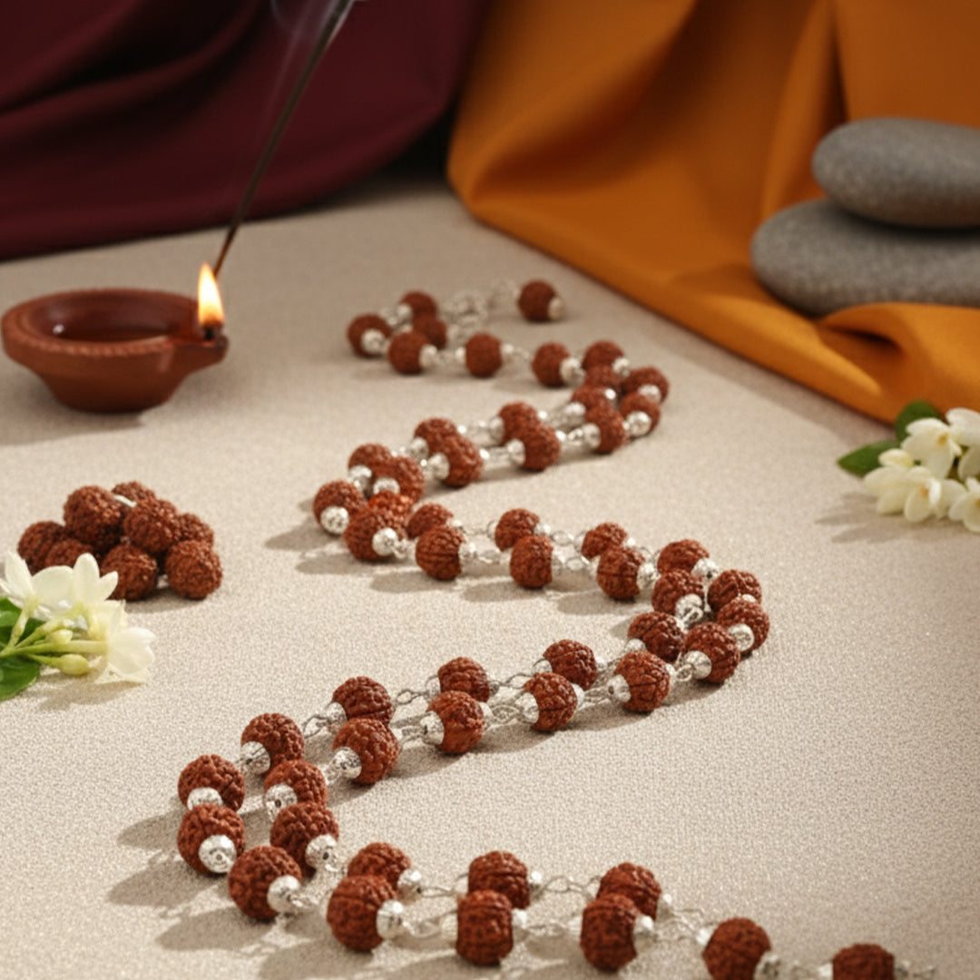 Rudraksha Cap Mala with Silver Polish (54 beads)
