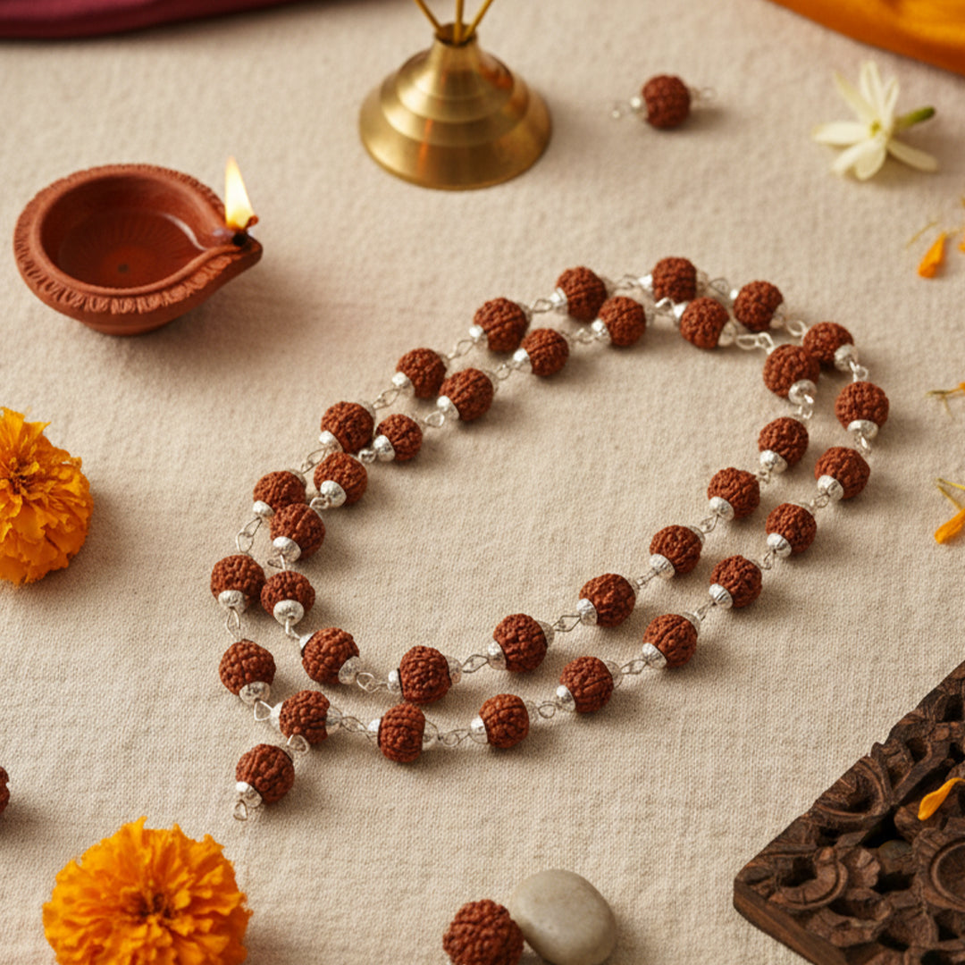 Rudraksha Cap Mala with Silver Polish (54 beads)