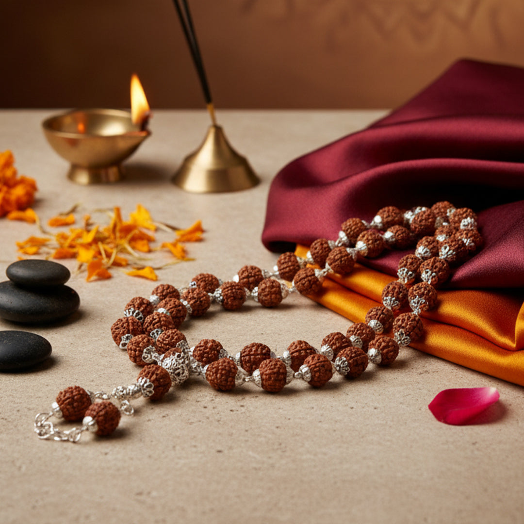 Rudraksha Cap Mala with Silver Polish (54 beads)