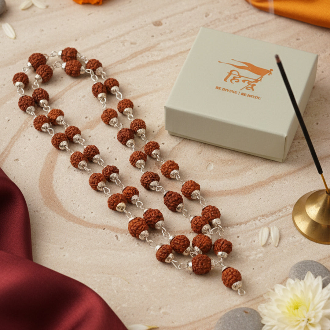 Rudraksha Cap Mala with Silver Polish (54 beads)