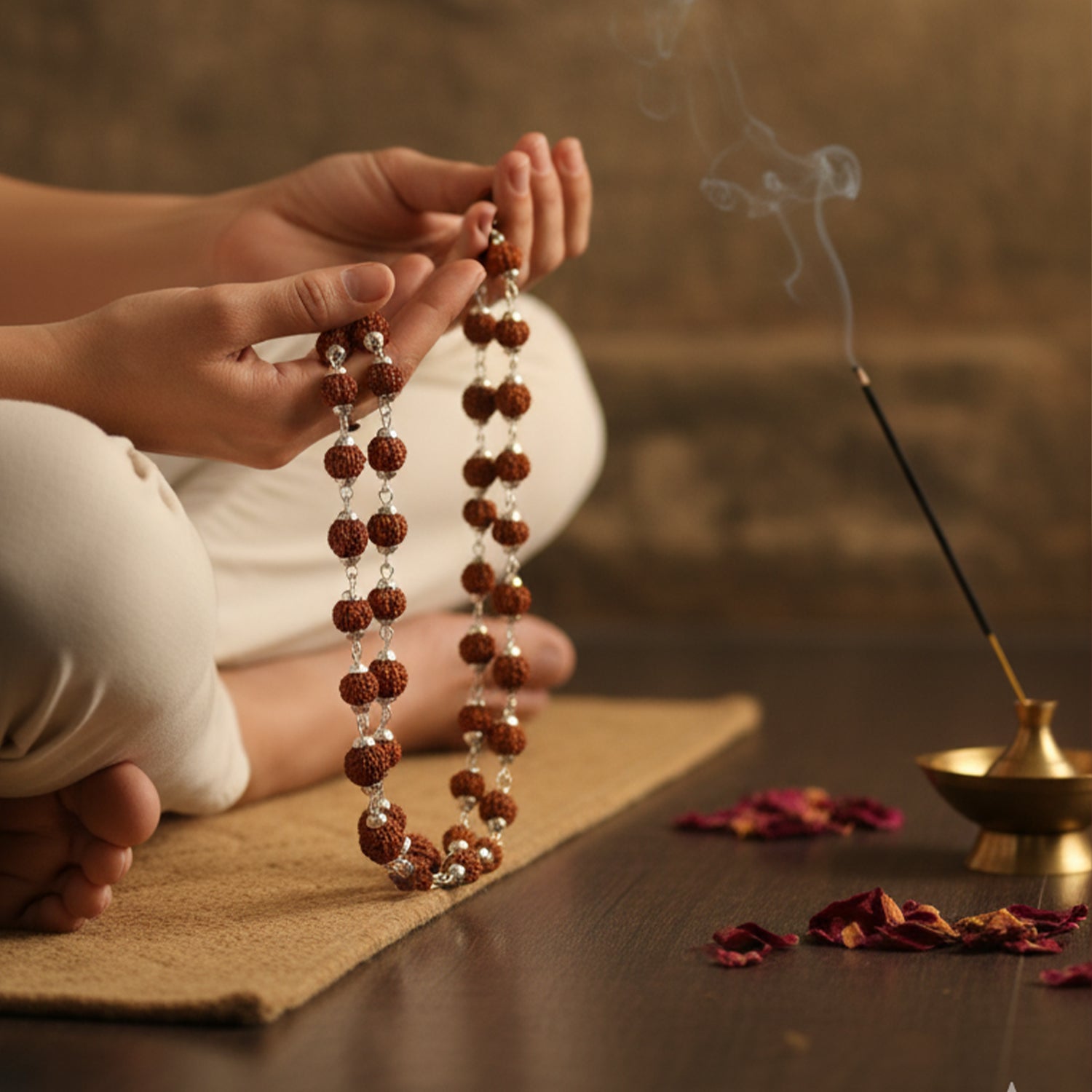Rudraksha Cap Mala with Silver Polish (54 beads)